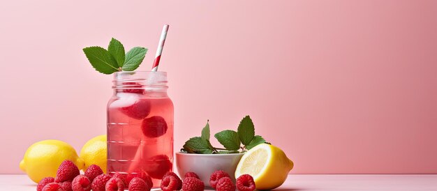 Photo summer cold drink a refreshing raspberry lemonade in a mason jar with a glass straw