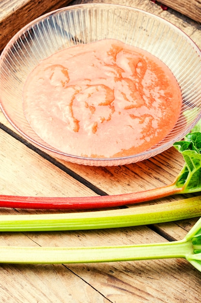 Summer cold rhubarb soup in a plate