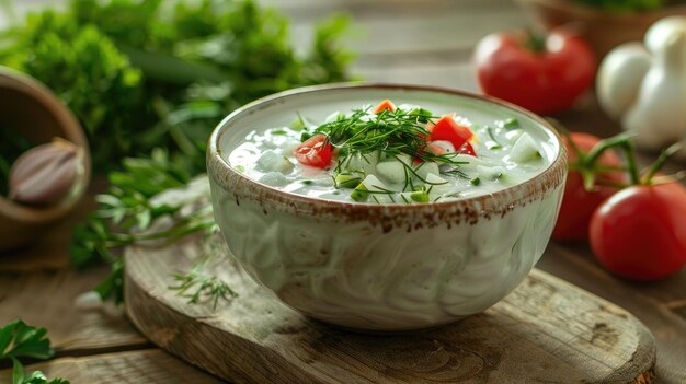 summer cold soup with yogurt and vegetables showcasing the traditional russian cold soup okroshka