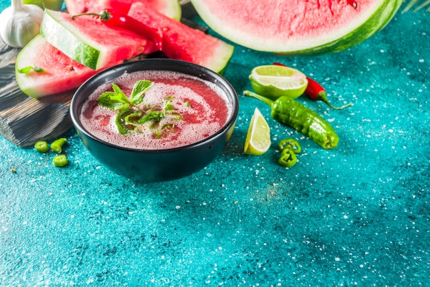 Summer cold watermelon gazpacho soup