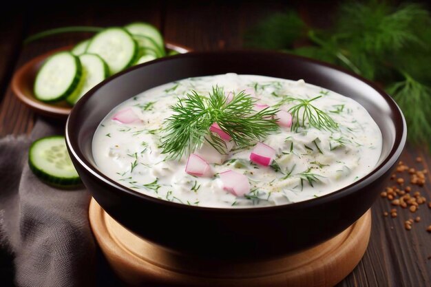 Foto zuppa di yogurt freddo estiva okroshka bowl flat lay russian radish and cucumber vegetable tarator decora