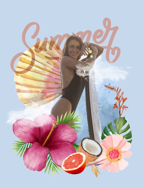 Summer collage with woman posing