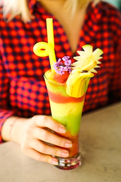 Summer colorful fruit smoothies or frozens. Healthy, detox drink concept.