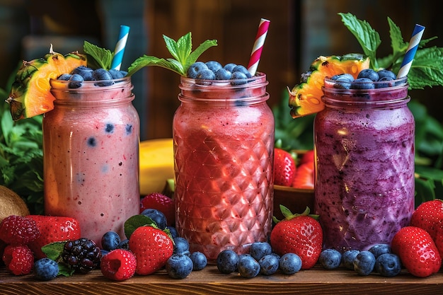 Summer colorful fruit smoothies in jars vegan protein sources ar c