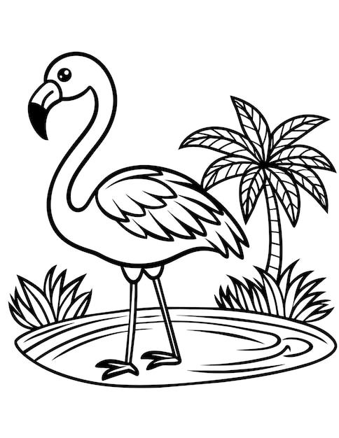 summer coloring page for children with a flamingo