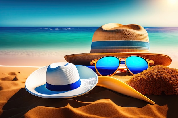 배경 복사 공간으로 모자 선글라스와 푸른 바다 조개를 갖춘 모래사장의 여름 구성