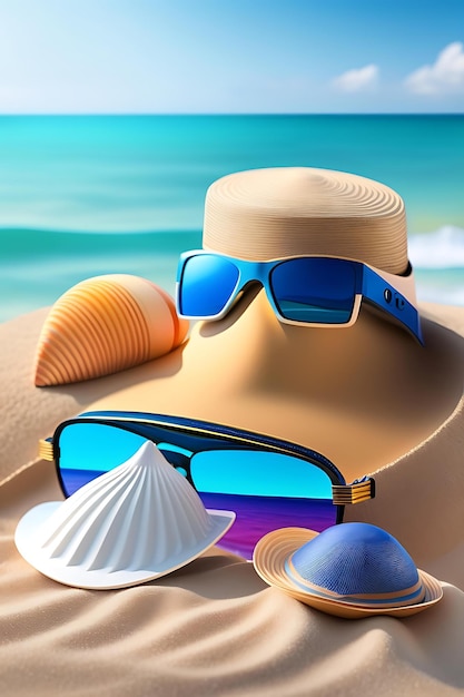 Summer composition on sandy beach with hat sunglasses and shells blue sea as background copy spac