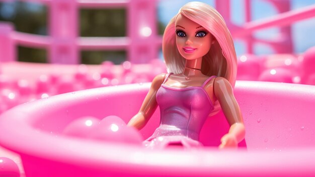 Summer concept background little doll in plastic pink toy pool ai
