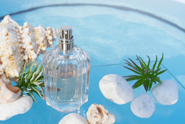 Summer concept of coolness and freshness on a hot day beautiful summer view with perfumume bottle