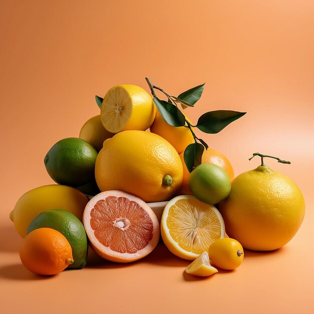 Summer concept Set of tropical fruits lemon orange and green leaves on yellow Citric fruits