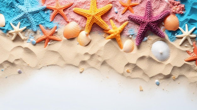 Summer concept with colorful sand and starfish