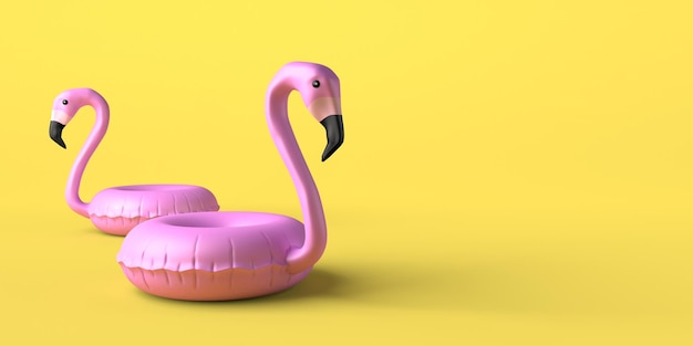 Summer concept with flamingo inflatable floats on yellow background Copy space 3D illustration