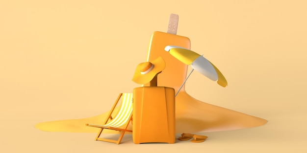 Summer concept with melted orange ice cream with suitcase beach chair and umbrella Copy space