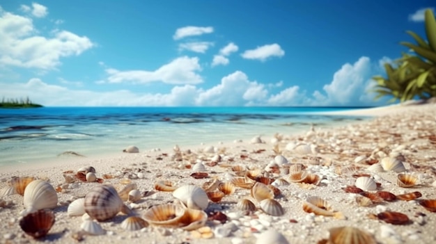 모래 해변의 조개 껍질과 불가사리 조개가 있는 여름 개념 모래 해변 AI Generative