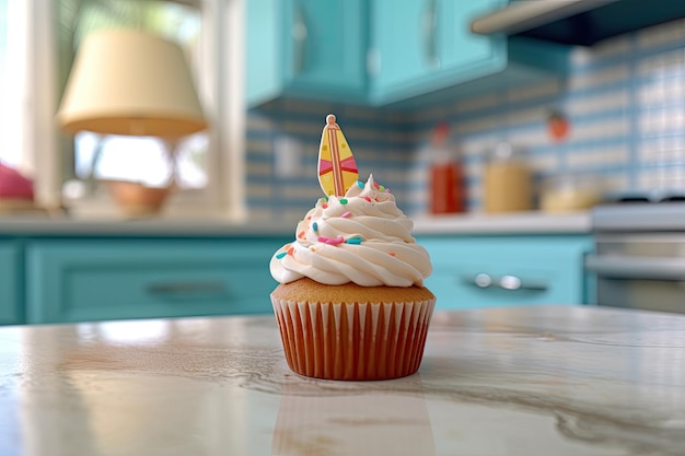 Summer cupcake with swimming pool defocused background AI generative