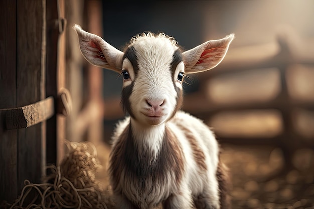 In the summer a cute little kid goat Farm animals