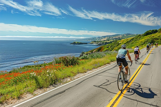 여름 사이클링: 파란 하늘과 바다 전망을 가진 경치 좋은 해안 도로를 따라 자전거를 타는 자전거 타는 사람들