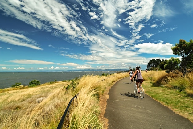 여름 사이클링: 파란 하늘과 바다 전망을 가진 경치 좋은 해안 도로를 따라 자전거를 타는 자전거 타는 사람들