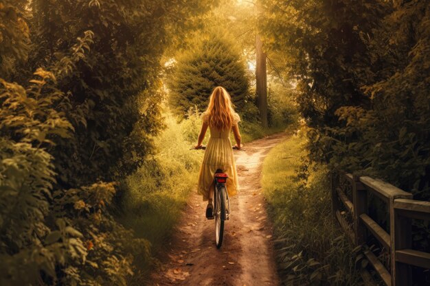 Foto ciclismo estivo su una vecchia strada boschiva vuota con alberi e cespugli verdi ai generativa