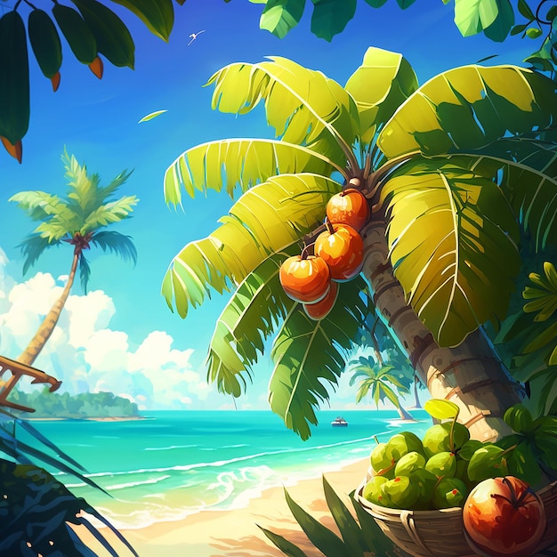 Летний день_тропическая сцена с пальмой и лодкой на пляже