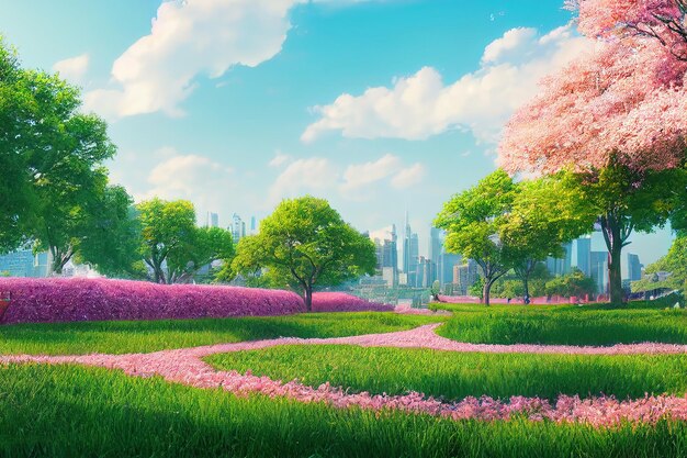 Summer day in a city park with greenpink bushes and trees overlooking the skyscrapers 3d illustration