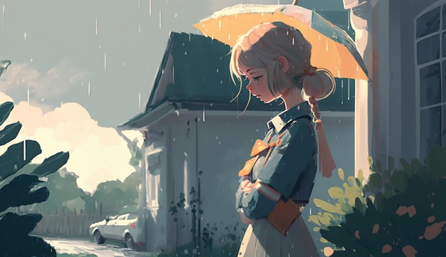 feeling free and flying, anime girl flying over a city, peaceful manga artwork, generative ai technology Stock Illustration