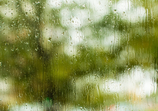 夏の日、窓に雨滴、居心地の良い家からの眺め