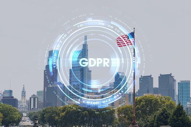 Summer day time cityscape of Philadelphia financial downtown Pennsylvania USA City Hall neighborhood GDPR hologram concept of data protection regulation and privacy for all individuals in EU Area