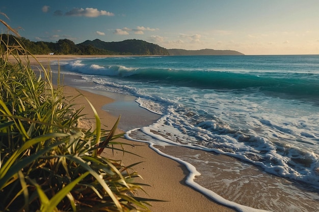 Foto giorno d'estate una spiaggia tropicale sabbiosa palme e mare paradiso vacanze 481jpg