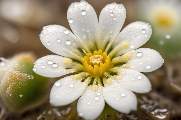 여름날 하얀 알파인 별꽃은 비가 내리는 매크로 샷에서 포착됩니다 한여름 하얀 꽃잎에 물방울이 있는 피고산 쥐 귀의 사진