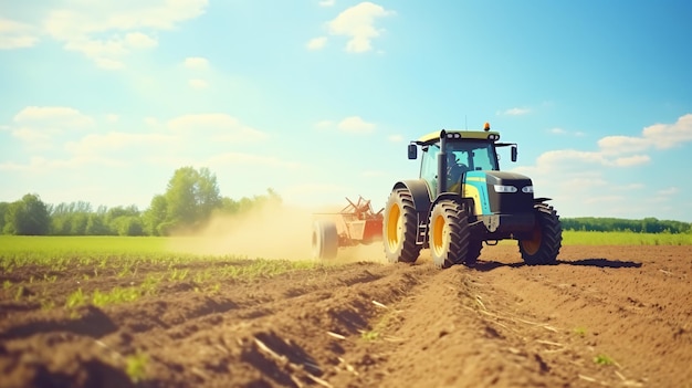 Photo summer day with tractor plowing soil