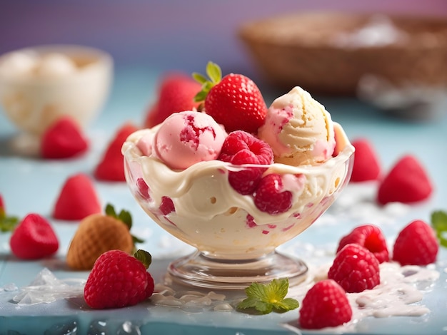 Summer Delight Texture of Ice Cream with Strawberries and Raspberries