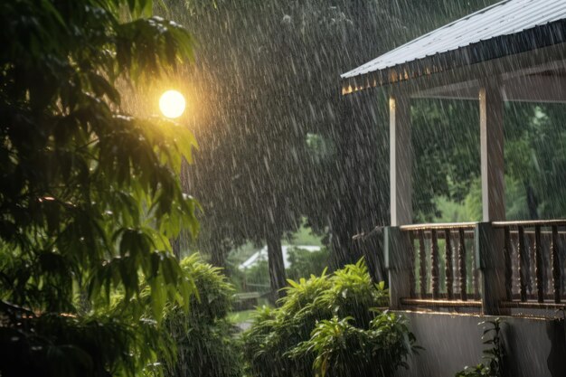 夏 の 洪水 激しい 雨 の 嵐 が 家 を 浸透 さ せる 自然 の 夏 の 怒り の 強力 な 表現