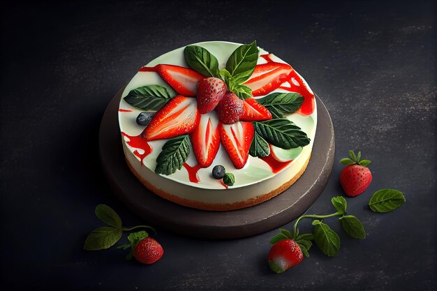 Summer dessert classic cheesecake with strawberries decorated with mint leaves Generative Ai