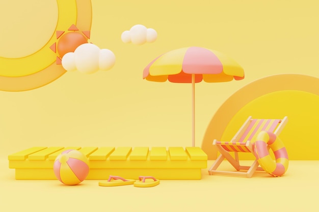 Летний дисплей с пляжным зонтиком и летними элементами 3d-рендеринга