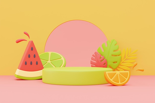 Summer display with colorful tropical fruits and palm leaves3d renderingxA