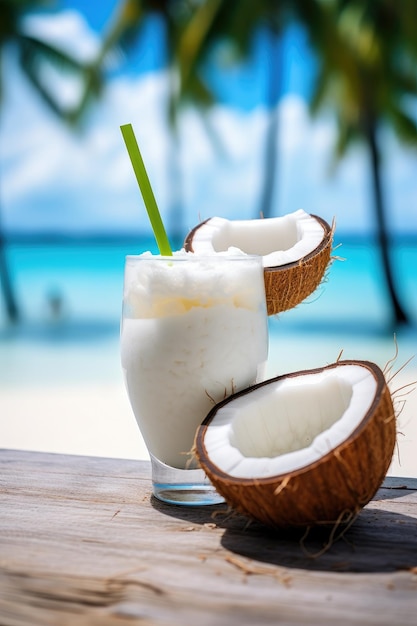 Фото Летний напиток в стакане с кокосовым орехом на тропическом пляже свежий коктейльный напиток