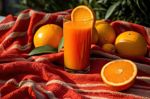 Summer drink made from oranges and a red towel