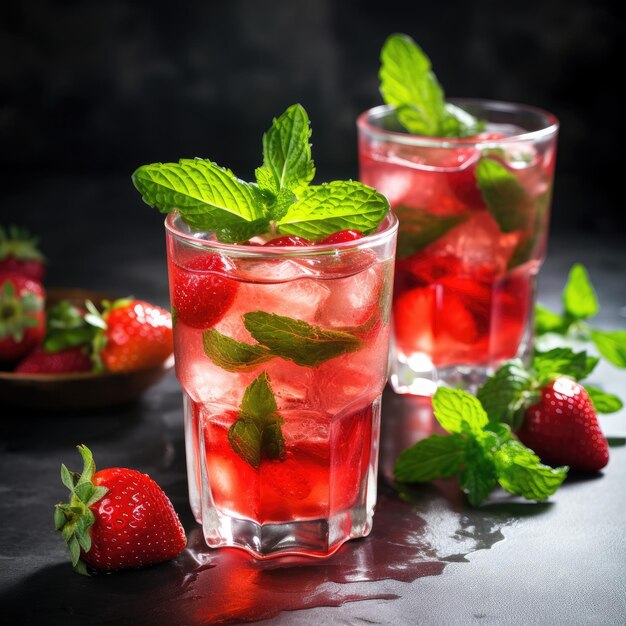 Summer drink with strawberryice and mint leafs in glasses on dark marble background close up