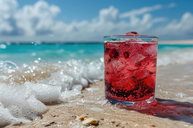 Foto bevanda estiva con vista sulla spiaggia pubblicità professionale fotografia di cibo