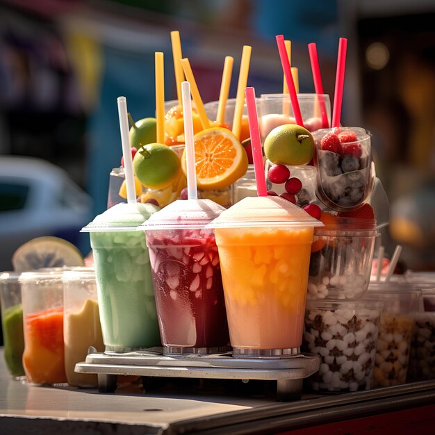 Photo summer drinks stand fruit smoothies macro view