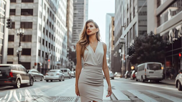 Photo summer elegance woman stands stylishly in sleek midi dress and strappy heels on city street