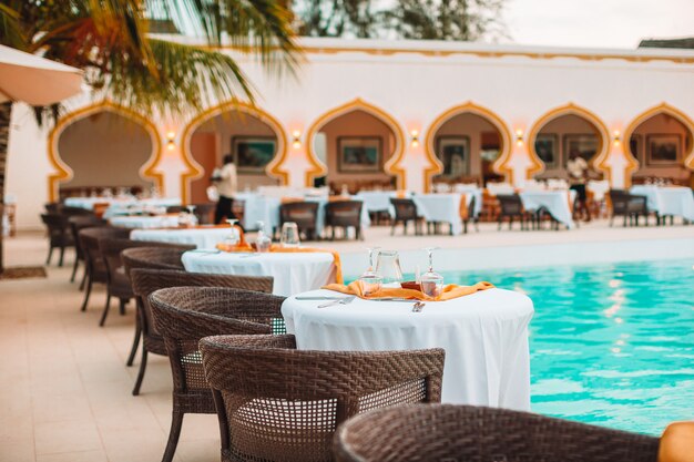 Summer empty open air luxury restaraunt at exotic hotel