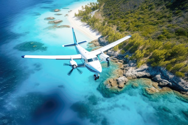 Summer escape Airplane soars over the sea a mode of transportation connecting travel dreams to vacation destinations