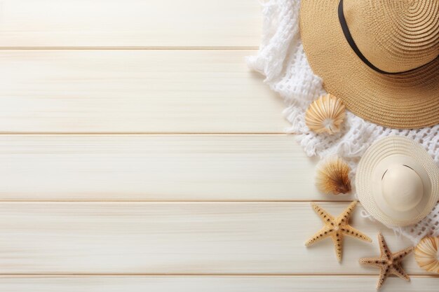 Summer Essentials Beach Towel Flip Flops Straw Hat and Seashells on White Wooden Background