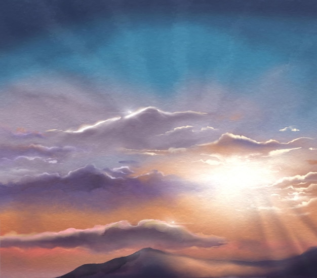 Summer evening sunset sky heaven clouds sun beams hills background digital watercolor art