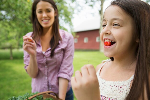 A summer family gathering at a farm A child with a fresh cherry between her teeth A young woman watc