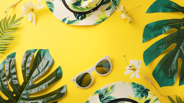 Summer fashion clothing and accessories on yellow background trendy tropical pattern Generative AI