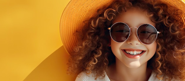 Летний модный портрет радостной девушки с вьющимися волосами в соломенной шляпе и солнцезащитных очках на желтом фоне
