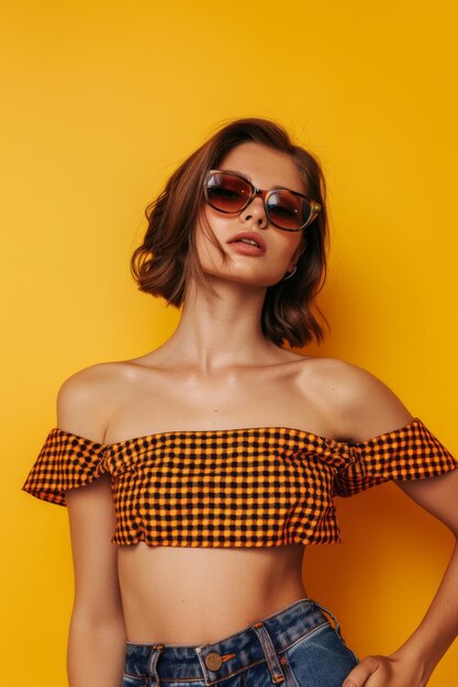 夏のファッショントレンド黄色い背景でポーズをとっているスタイリッシュな女性